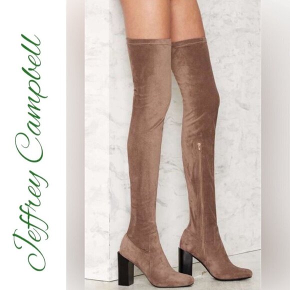 NWT JEFFREY CAMPBELL Perouze Over-The-Knee Faux Suede Block Heel Boots Taupe 8.5 - Picture 3 of 16